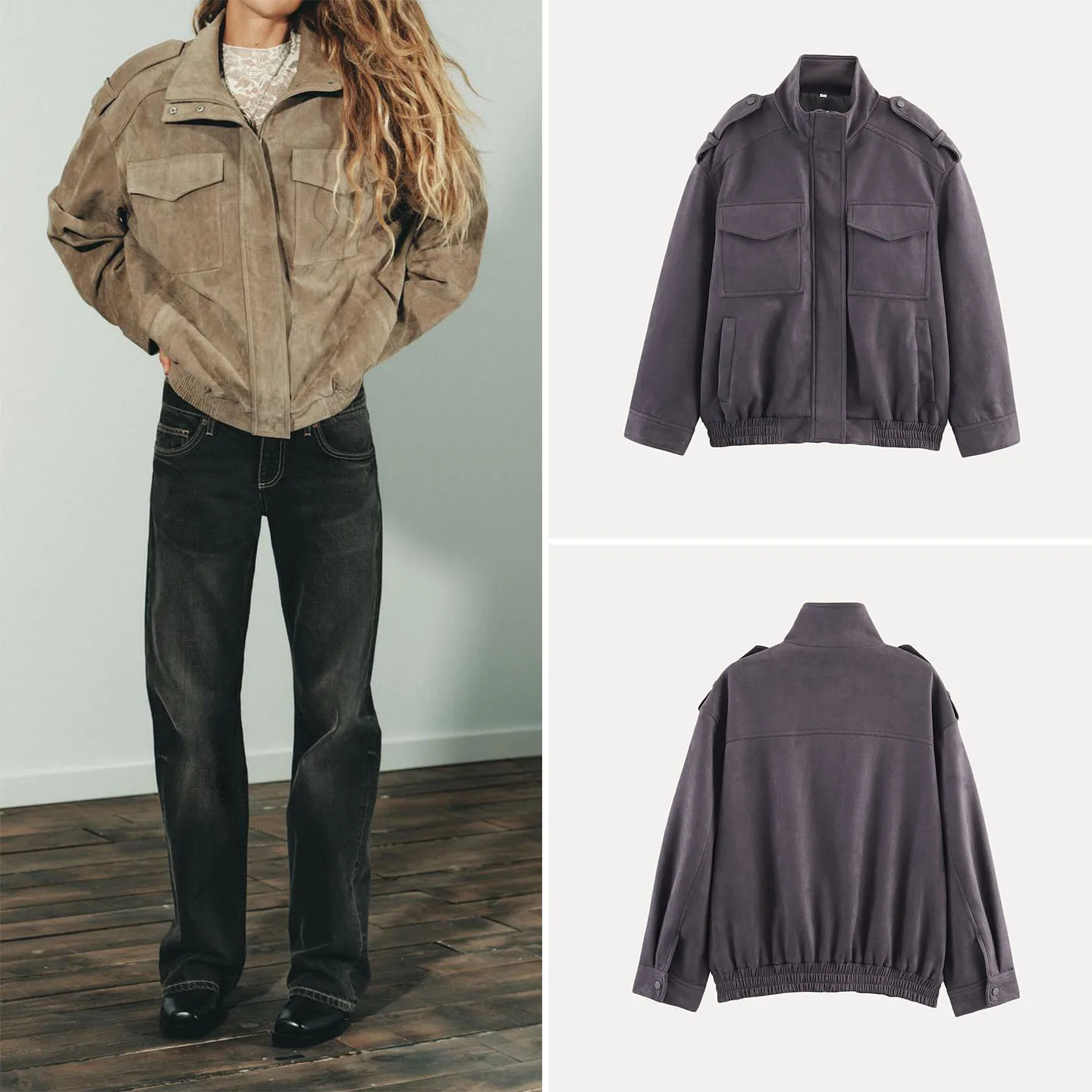 

Autumn 2025 Women's Faion Personali Loose Suede Jaet Outerwear Warm Long Sve Zipper Closure ket Detail Casual