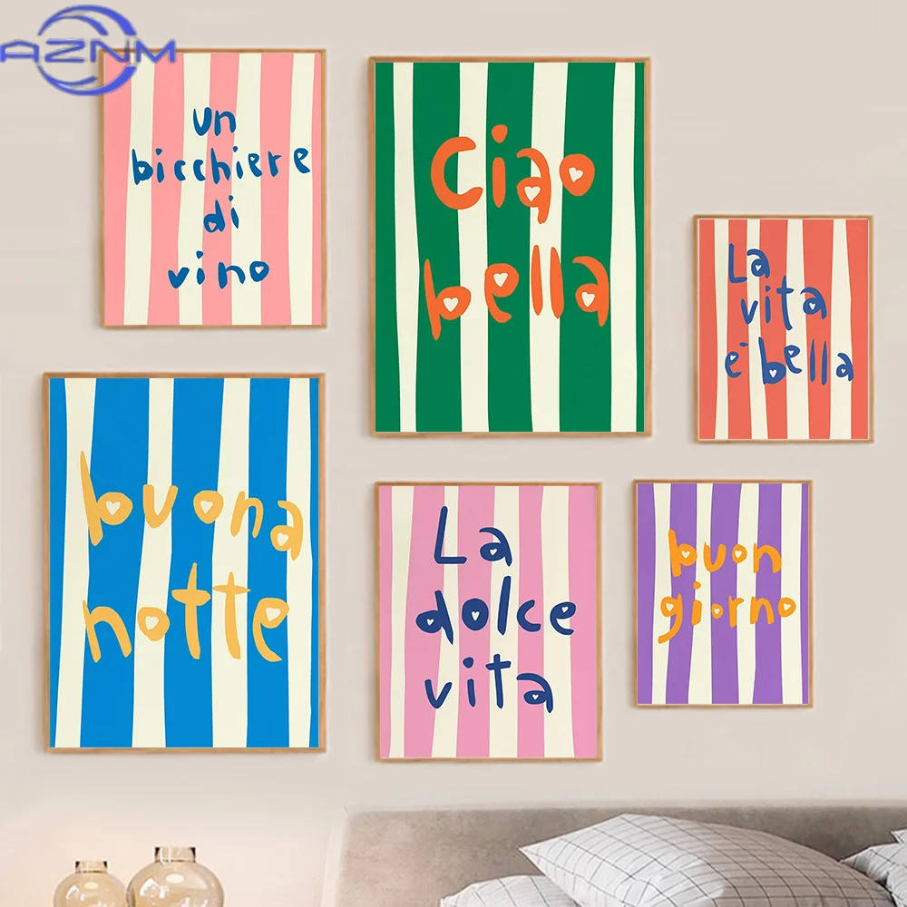 Set of 6 Italian Quote Wall Art Prints La Dolce Vita, Buon Giorno, Ciao Bella, Colorful Typography Home Decor Modern Prints