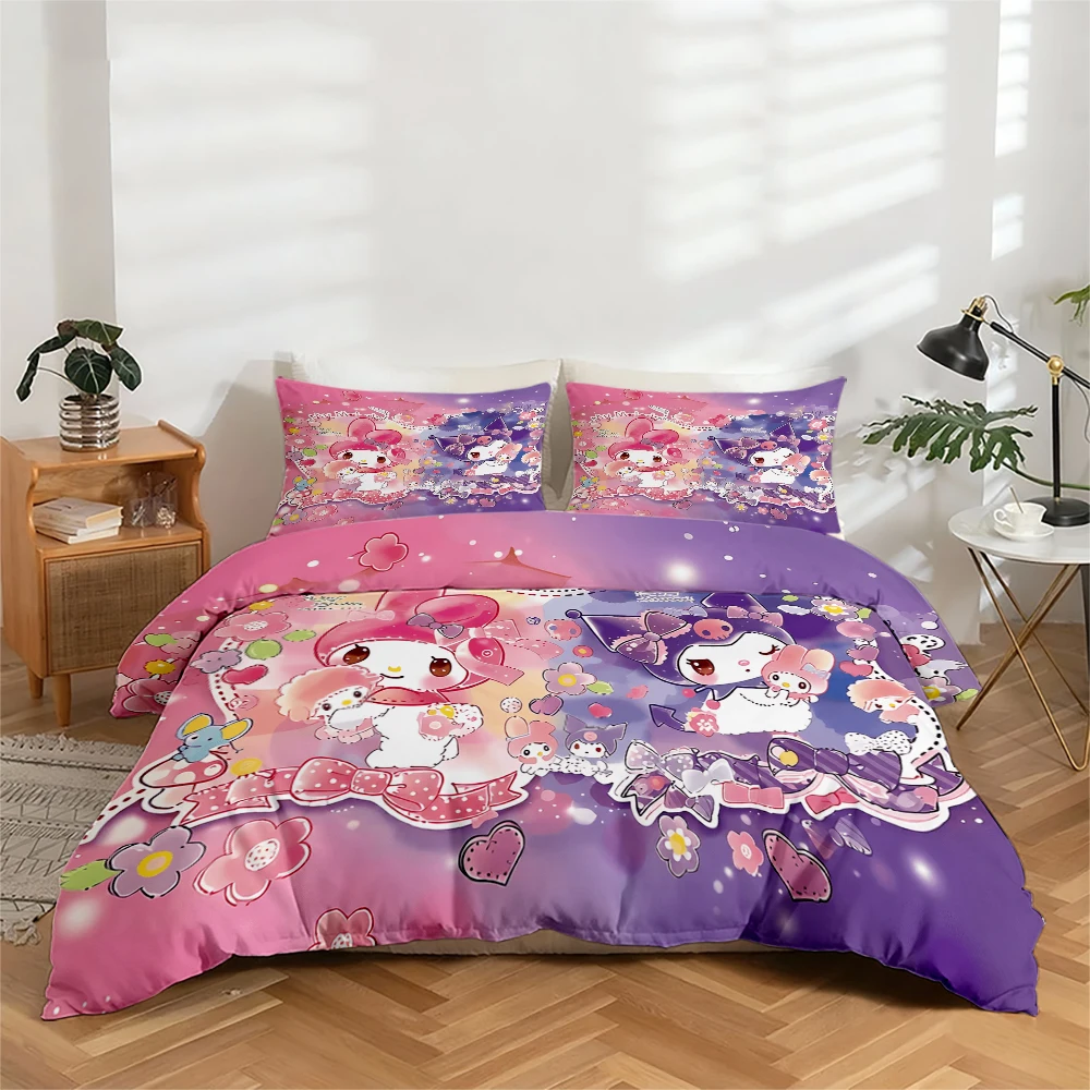 

3-Piece High-Definition Digital Print Bedding Set, Large Floral Pattern Duvet Cover Set Featuring My Melody and Kuromi, Includes 1 Duvet Cover + 2 Pillowcases, Suitable for Bedroom, Guest Room, Home Decoration, Polyester Fiber Duvet Cover + Pillowcases, U