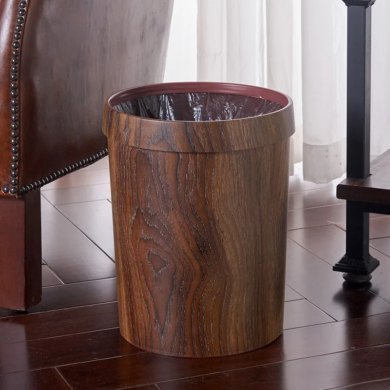 Vintage round wood grain trash can Guest room trash can Hotel plastic trash can garbage bin