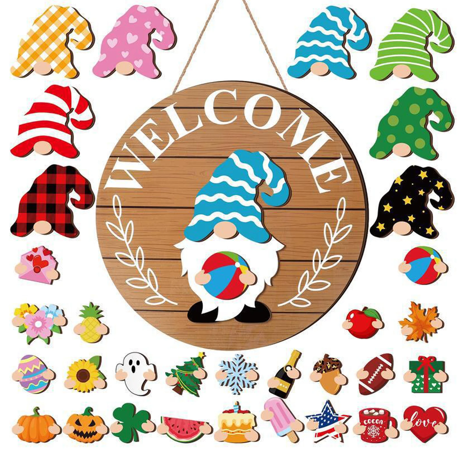 Wood 30 Replacement Logos Included Gnome Welcome Sign For Home Decoration With Magnetic Hats Gnomes Decorations For Home type+2