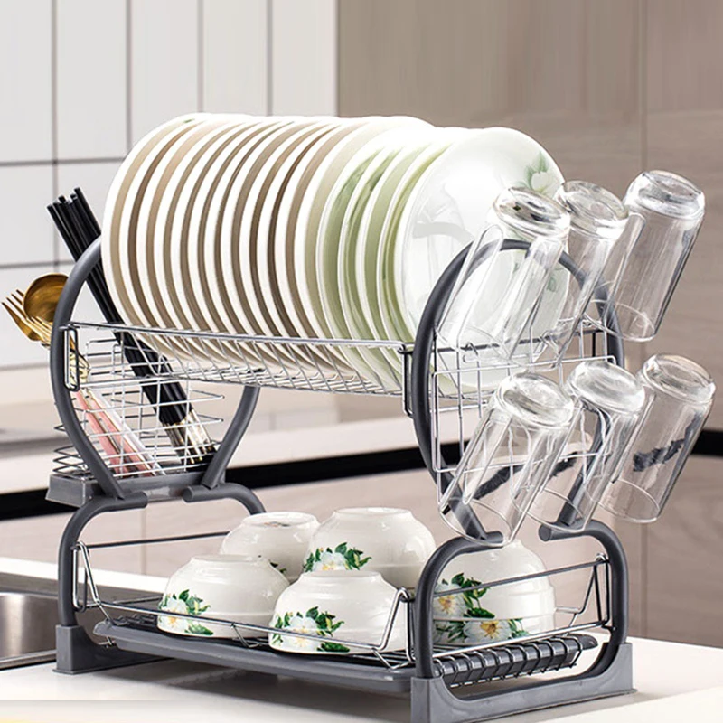 2-Tier Dish Rack,Easy Assemble Large Capacity Dish Drying Rack with Side Mounted Utensil Holder, Organizing Dishes Counter Top