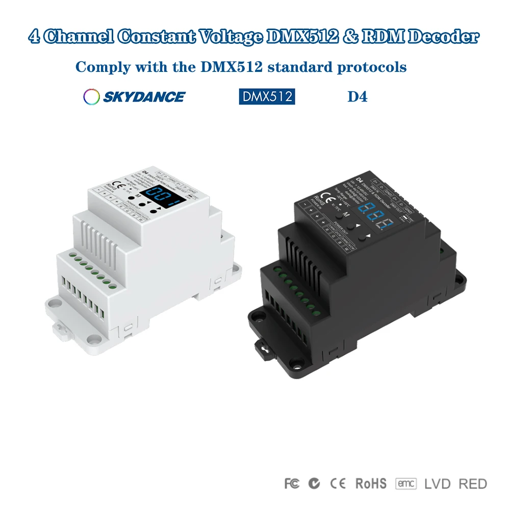 

Skydance D4 4CH постоянное напряжение DC12V-48V 20.5A 4CH RDM DMX512 декодер сигнальный диммер для одноцветной/двухцветной светодиодной ленты RGB RGBW