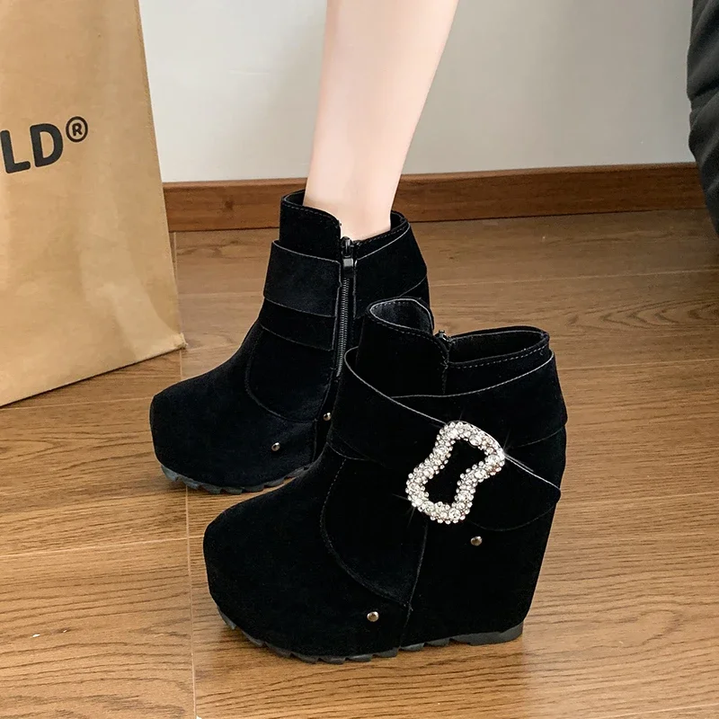 2024 Shoes for Women Ankle Women's Boots Platform Rome Boots Women Crystal Buckle Round Toe Side Zip High Wedges Shoes Female