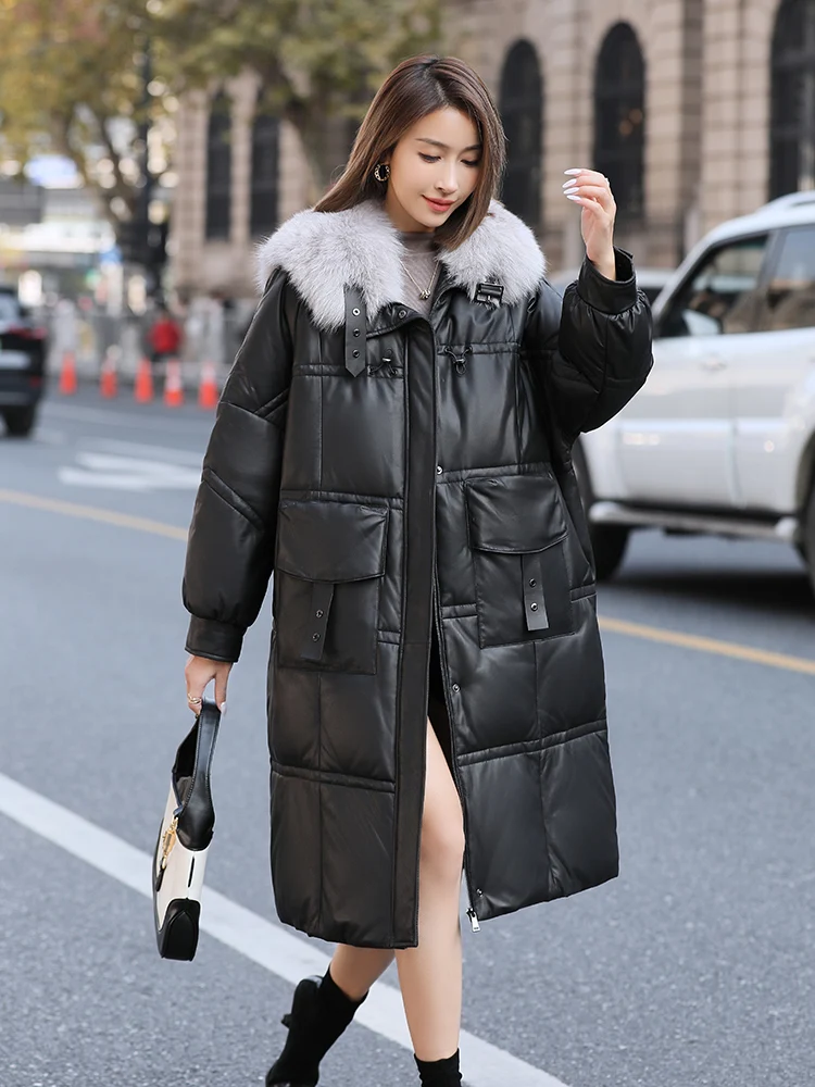 

Luxury Sheepskin Down Coat Natural Fox Fur Collar Genuine Leather Parka Winter Oversized Warm Loose Women's Overcoat