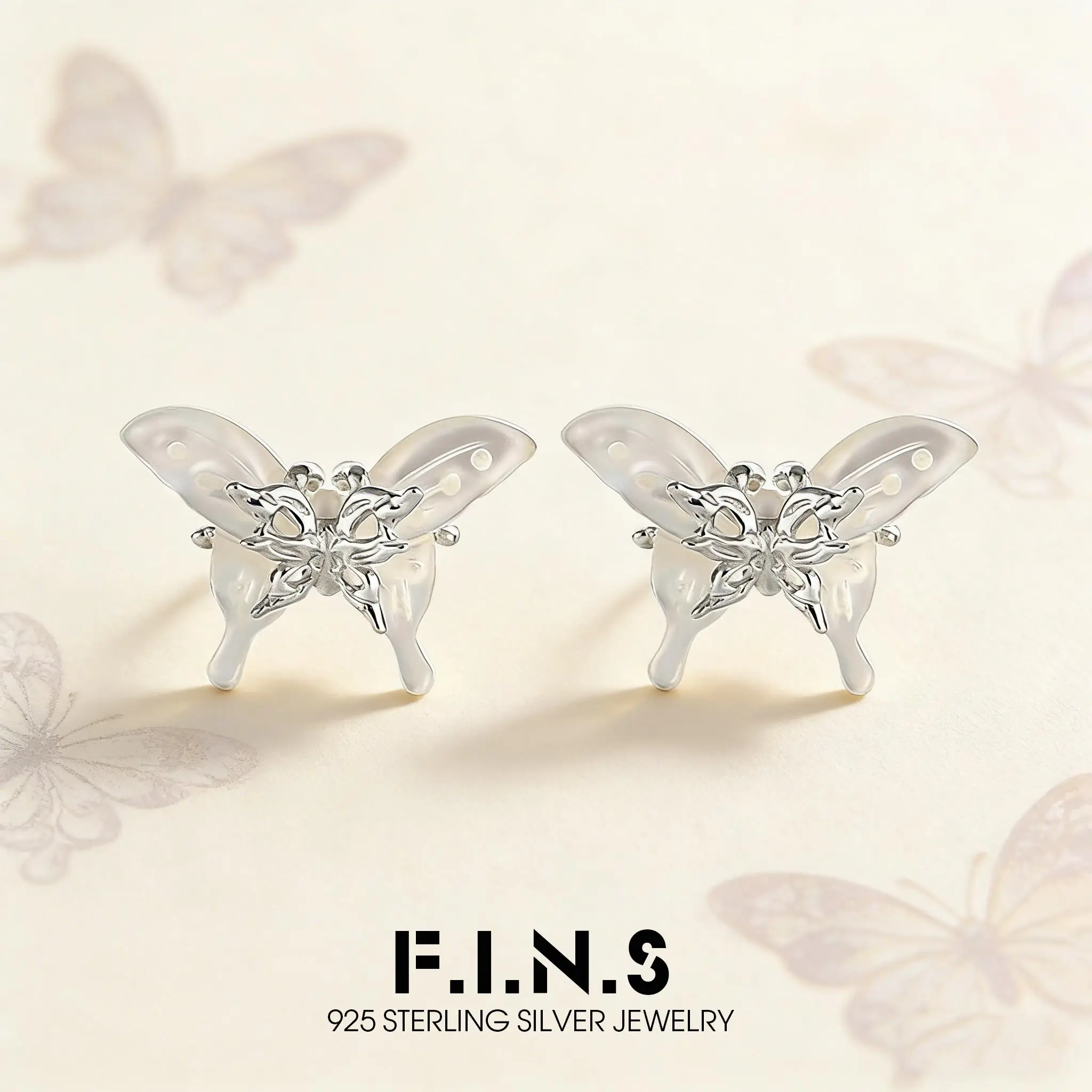 

F.I.N.S Original Butterfly Abalone Shell S925 Sterling Silver Stud Earrings Sweet Unique Design Piercing Hypoallergenic Jewelry