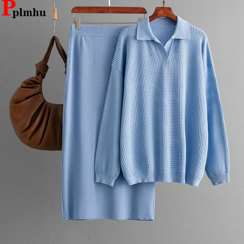 

Элегантный однотонный вязаный комплект из 2 предметов, женский свитер с вырезом, пуловер, топы, Conjuntos, эластичные юбки с высокой талией, новый наряд