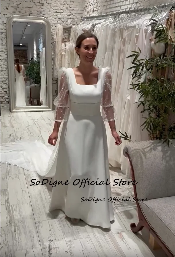 Sodigne linha a pontilhado tule vestidos de casamento gola quadrada 3/4 mangas cetim vestido de noiva vestido de casamento robe de mairee ﻿ Personalizado