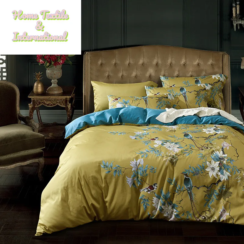 Blue Luxury 600TC Egyptian Cotton Bedding Set Bird Plant Flowers Digital Printing Duvet Cover Bed Linen Fitted Sheet Pillowcase