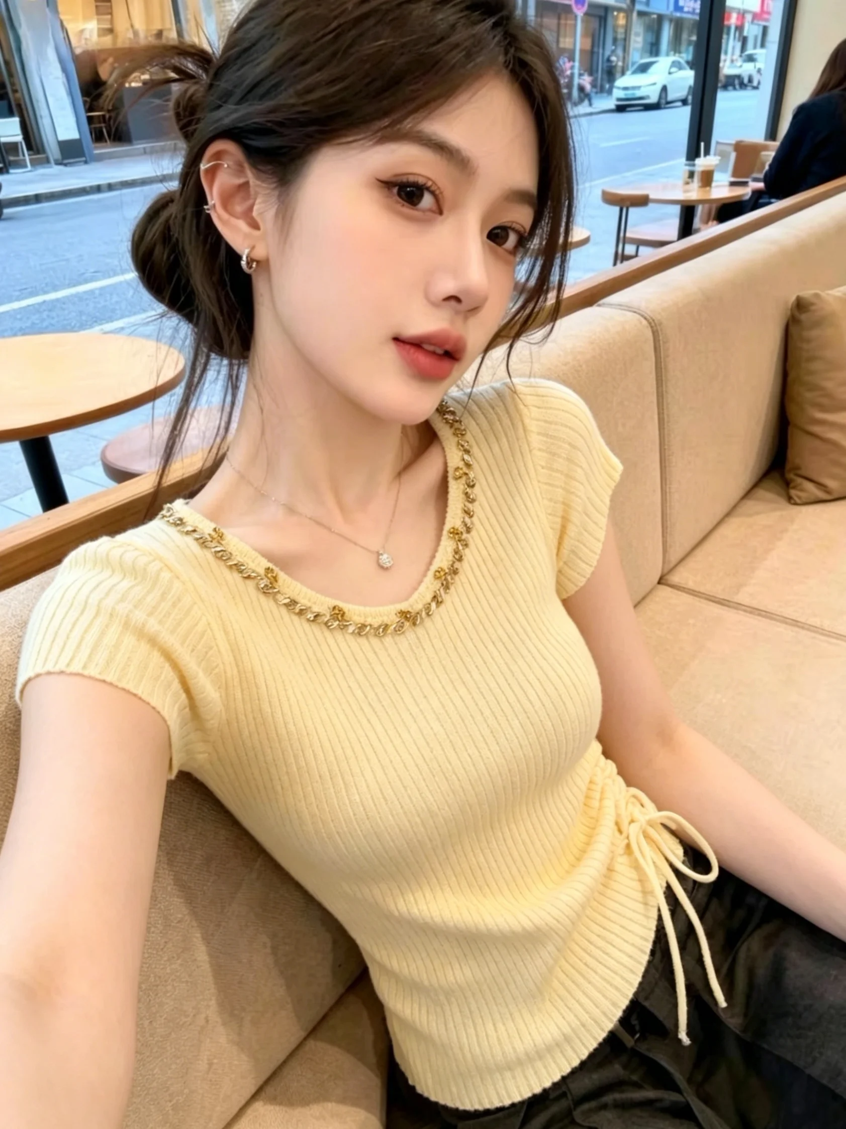 

Sweet Young Summer Knitwear Women's round Neck Fly Sleeve Drawstring Waist Diamond Embellished Self-Kept Style Short Sleeve Top