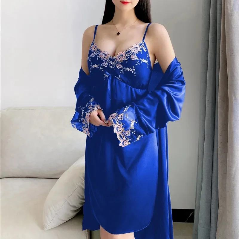2Pcs Female Pajamas Set Thin Smooth Home Pyjamamas Lace Robe Sleep Suit V-Neck Wedding Nightwear Wear Nightwear Robe