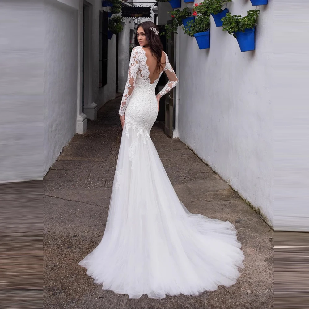 Vestidos De novia franceses con cuello en V, Vestido De sirena De manga larga, Vestido De novia elegante con apliques De encaje, Vestido De novia De talla grande