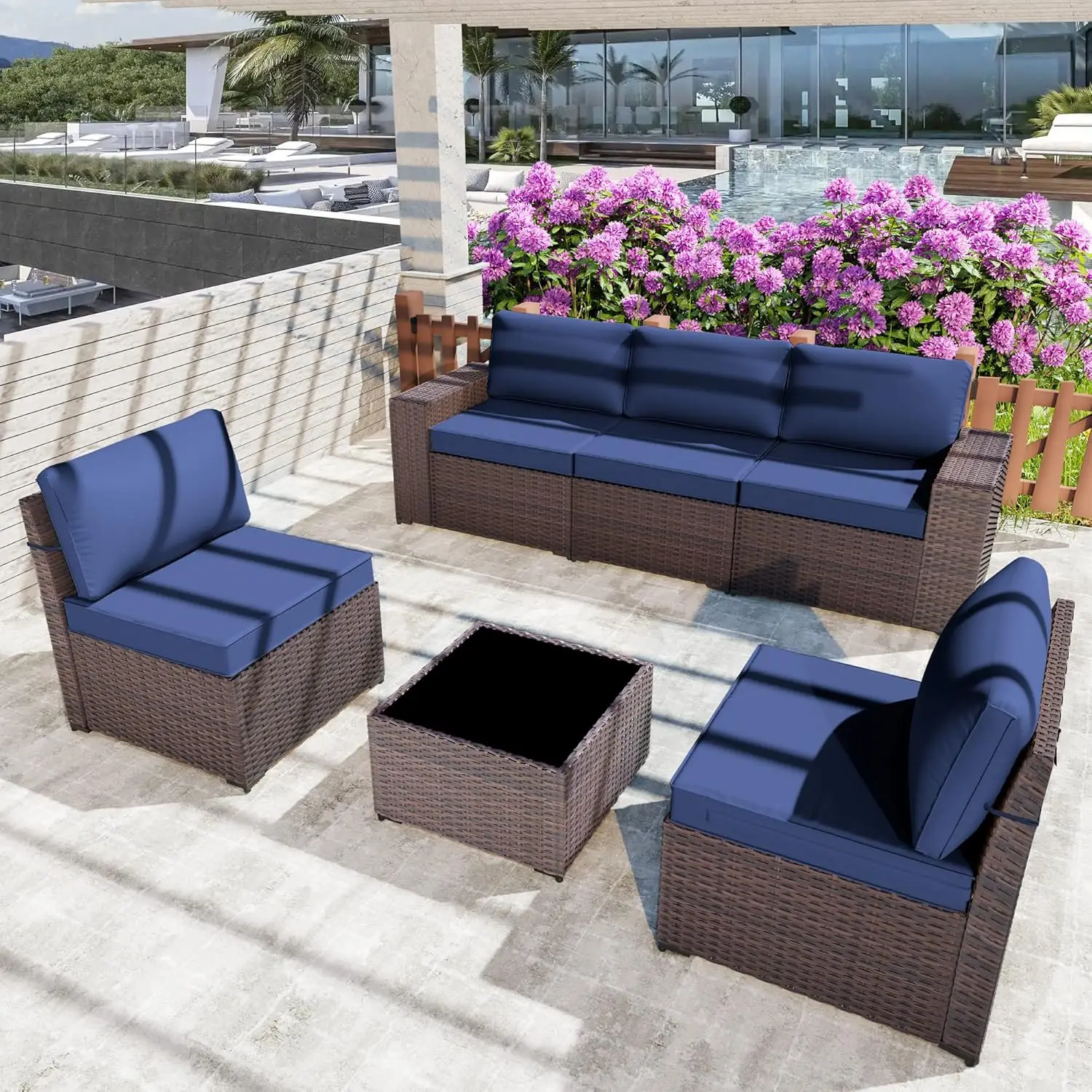 6 Pieces Outdoor Furniture Patio Set,Modern All-Weather Wicker Patio Conversation Sets