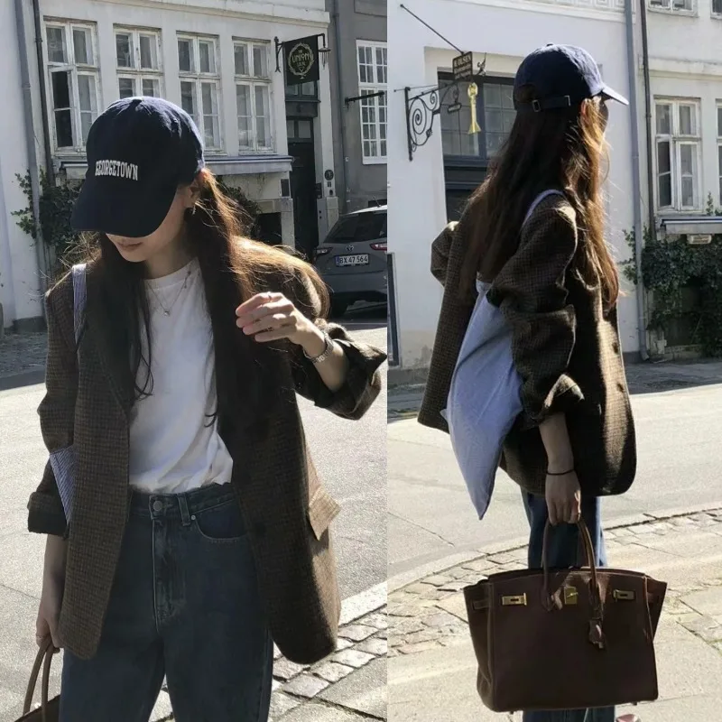 2025 겨울 신상 프렌치 레트로 슈트 칼라 천조무늬 싱글 브레스티드 출퇴근용 울 코트 여성 의류