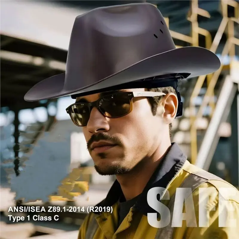 Promotion Cowboy Style Safety Helmet HDPE Full Brim Hard Hat With Vent Hole For Outdoor Work- Construction, Railway Rescue, Cap