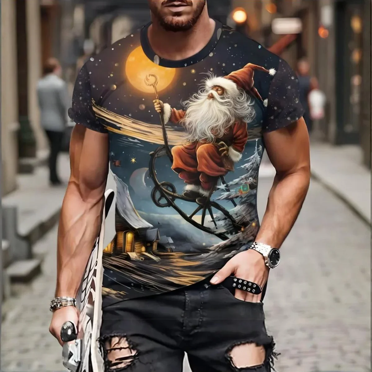 

The Perfect Christmas Gift Men's 3D Santa Claus Print Tee Festive Holiday Design & Ready for Gift Giving with Special Packaging