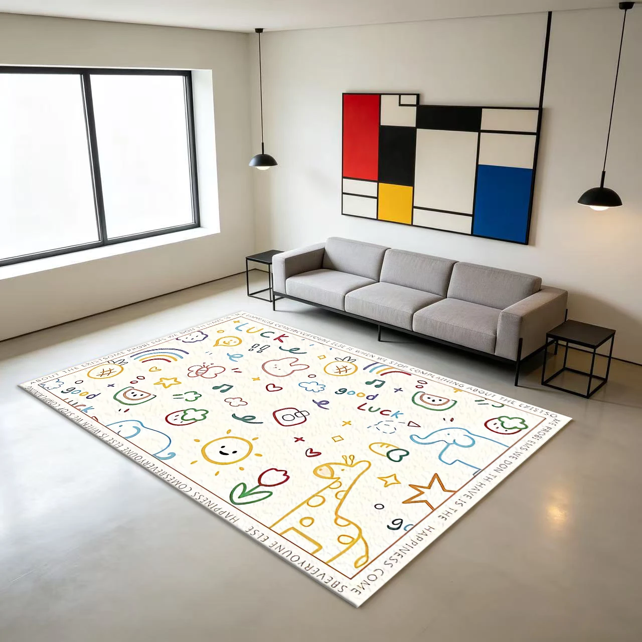 Cute Cartoon Doodle Pattern Carpet Flooring, Kids Fun Colorful Non-Slip Area Rug for Children's Bedroom Playroom Home Decor