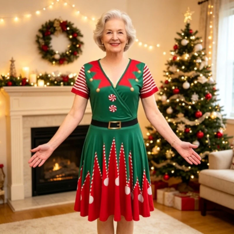 Womens Christmas Elf Outfit Short Sleeve V Neck Candy Buttons Fitted Waist Flared Skirt for Xmas Corporate Party Cosplay Costume