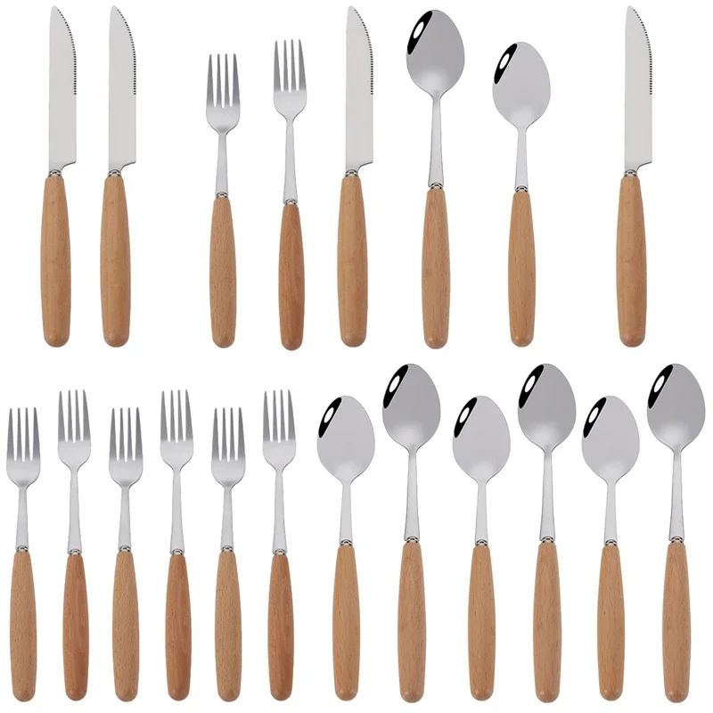 1/5/20 Pcs Stainless Steel Cutlery Set Short Wood Handle Flatware Set Knife Fork Spoon Service for 4