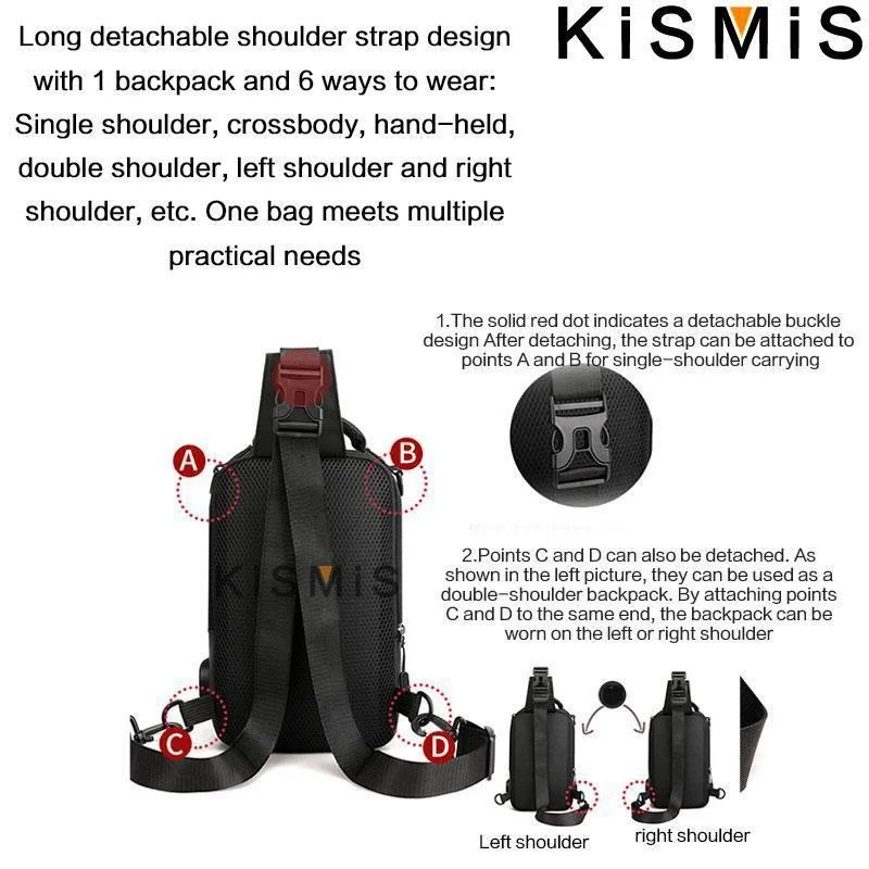 KISMIS Herren Multifunktions-Umhängetasche, Schultertuch, Brusttaschen, Umhängetasche, lässig, für Herren, USB-Ladehandtasche – Detail 2