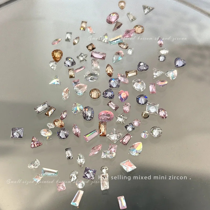 50pcs Mini Size Flat Bottom Nail Zircon Super Sparkling Multiple Shapes Micro Zirconium Mixed Color Diamond Charms Decoration