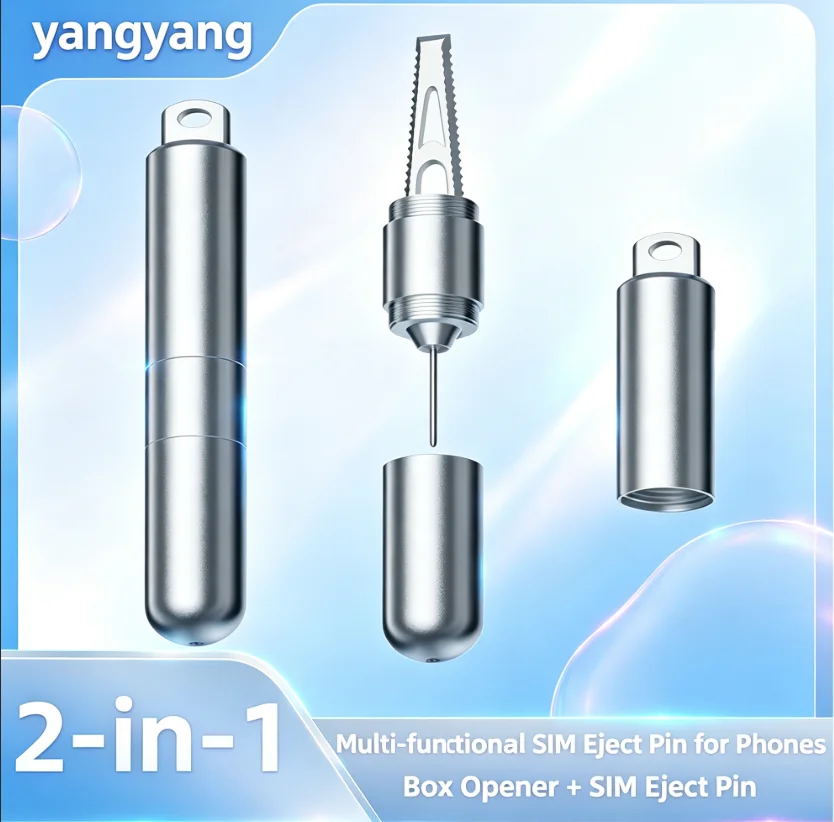 2-in-1 Multifunctional Keychain Box Cutter & SIM Card Eject Pin Serrated Blade Alloy Mini Pocket Tool for Phone Tablet