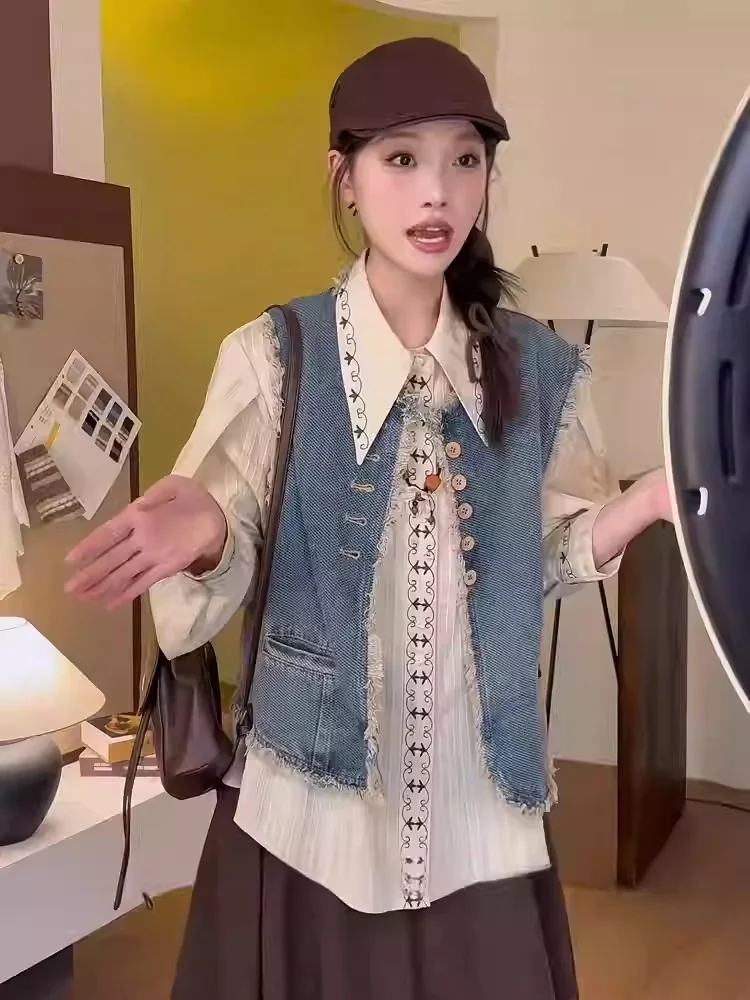 Conjunto de moda para mujer con diseño de borla combinada irt Jaet bordado vaquero azul, cuello largo Sve, colección de otoño