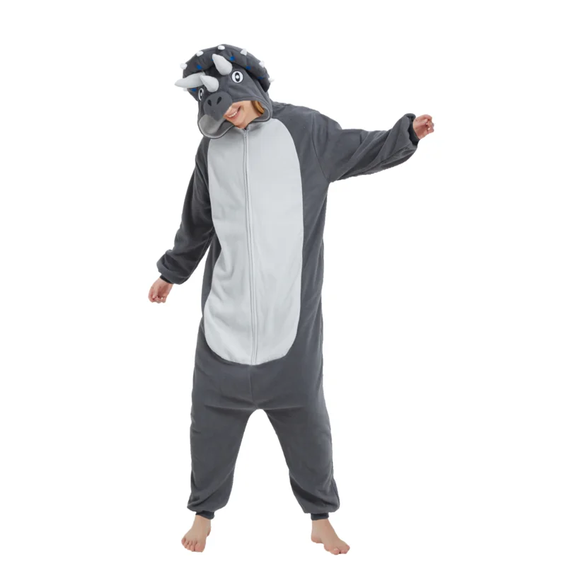 Adult Triceratops Zipper Animal Kigurumi Wool one-piece Pajamas Cartoon Costumes Halloween Party Cosplay Dinosaurs Pajamas