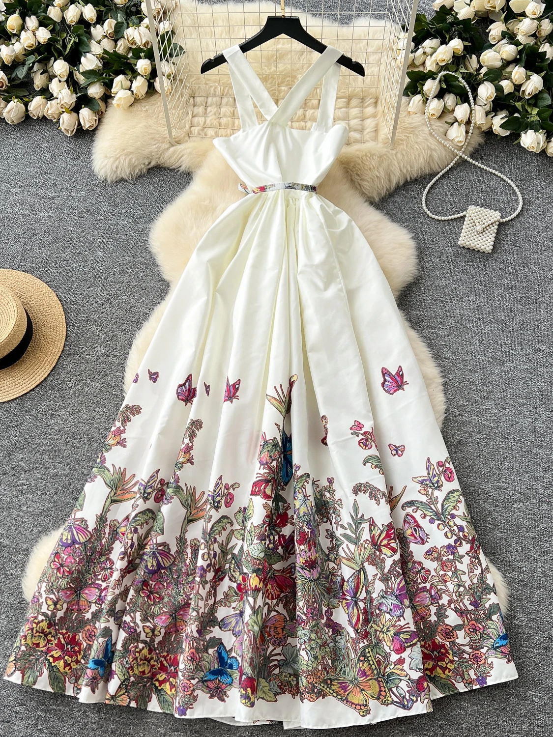 레트로 패션 플로럴 프린트 스퀘어 넥 백리스 여성 드레스 디자인 센세이션 허리 조임 우아한 롱 스커트