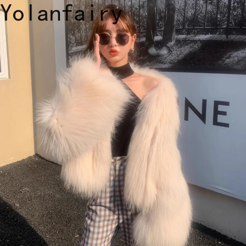

YOLANFAIRY осенне-зимнее импортное вязаное молодое шуба из шерсти енота, утепленное пальто с длинными рукавами и v-образным вырезом, уличный стиль шуба 2025