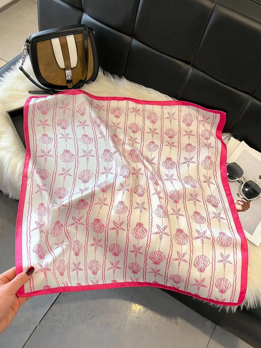 

1pc Faux Silk Simple Design Seashell & Starfish Print 27.6in Square Scarf, Versatile Bandana, Waist Belt, Decorative Ribbon, Hai