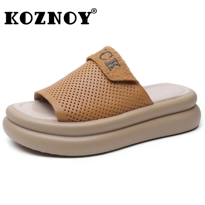 Koznoy 5cm markowe kapcie z prawdziwej skóry mokasyny z dziurami na lato płaskie buty z odkrytymi palcami Mary Jane damskie modne sandały buty