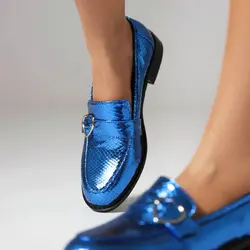 Chic Shiny Blue Gold Green Luxury Loafers Women Casual Slip-on Shoes With Buckle Designer Woman Oxfords Low Heels Flats Shoes