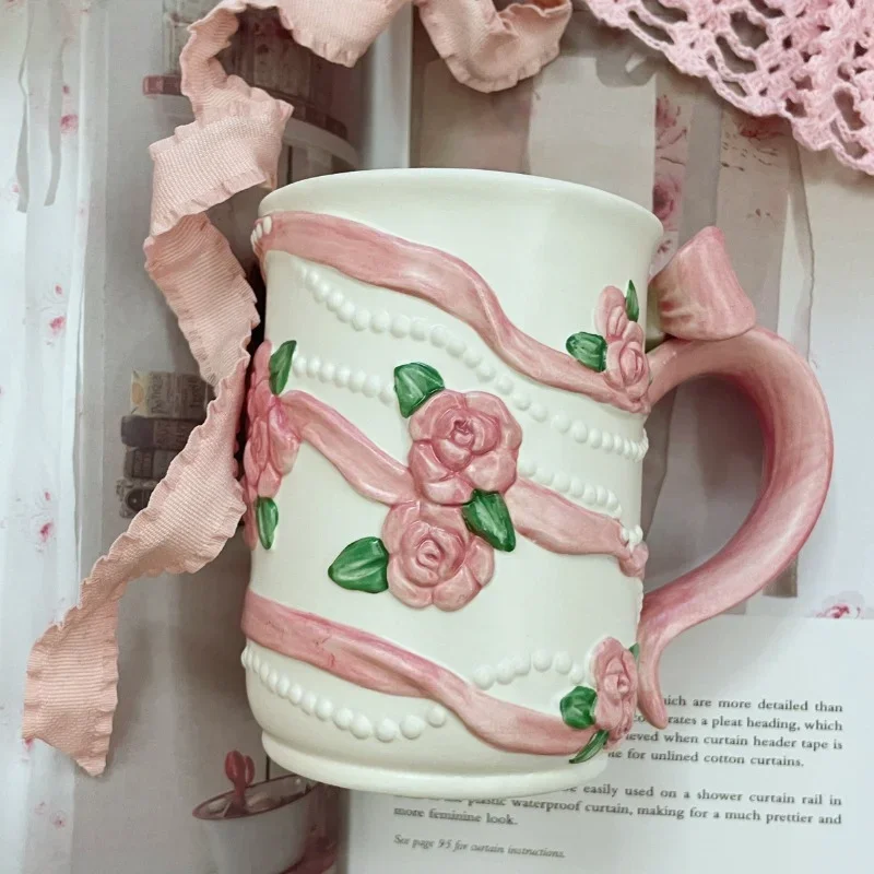 Water Cup Ceramic Cute Pink Rose Bow Ribbon Matte Glaze Chinese Gift Suitable for Dining Table Kitchen Living Room Decorations