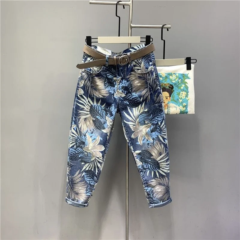 Spring Summer High-quality 2025 New Women Denim pants Harun pants Elastic waist Maple leaf printing Loose Jeans pants Female