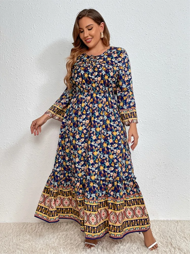 Plus Size Summer Long Floral Dress Women Flower Striped Print Long Sleeve Ladies Dresses Casual Loose Fashion Woman Dress 2023