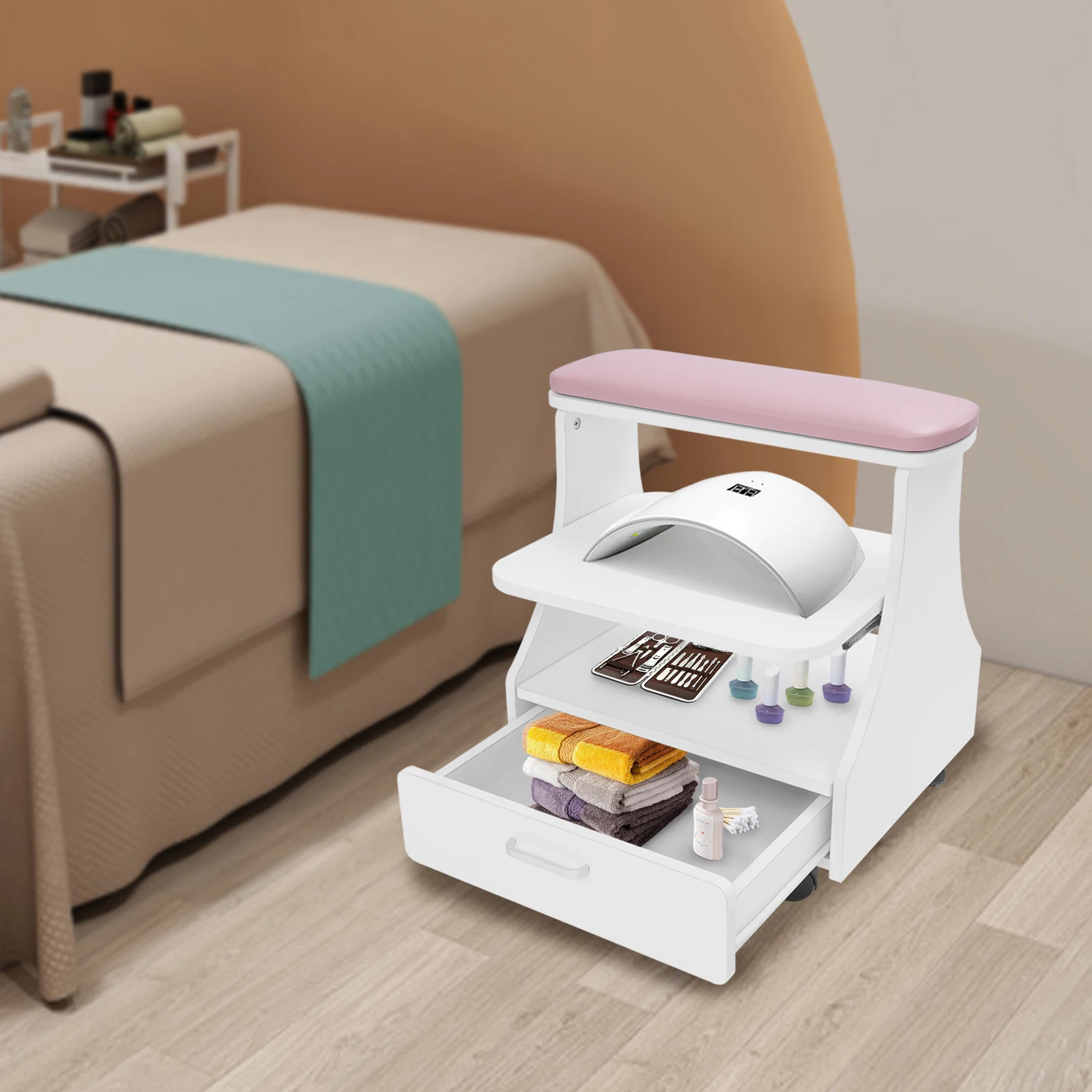 عربة مانيكير وباديكير لصالونات التجميل باللون الوردي | عربة التجميل، جلد MDF/PVC، صديقة للحوض، سعة 50 كجم #1