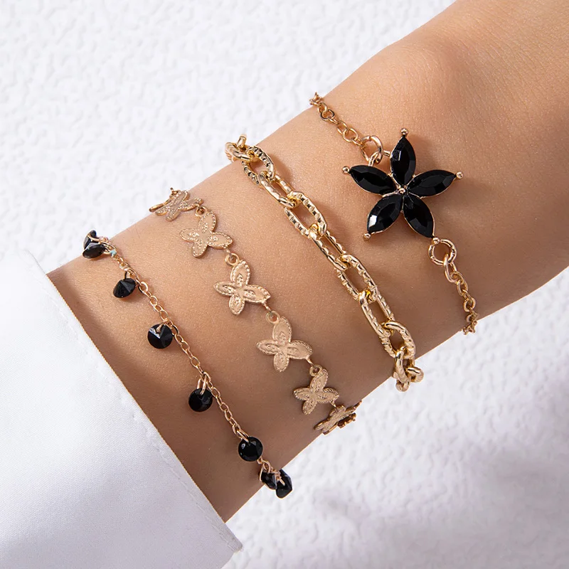 ToconaFashion Diamond Inlaid Stone Butterfly Five petal Flower Bracelet Set Ins Style Bracelet Four Piece Set for Women 24262