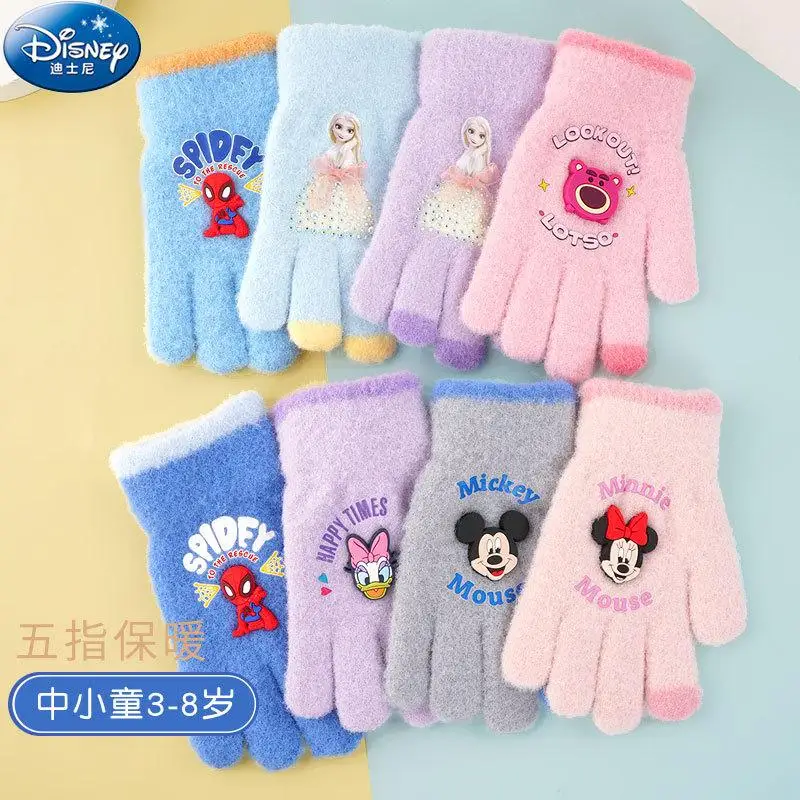 Anime Disney Lotso Kids Five-Fingered Knitting Gloves Kawaii Elsa Winter Student Thickened Warm Cold Protection Gloves Gift