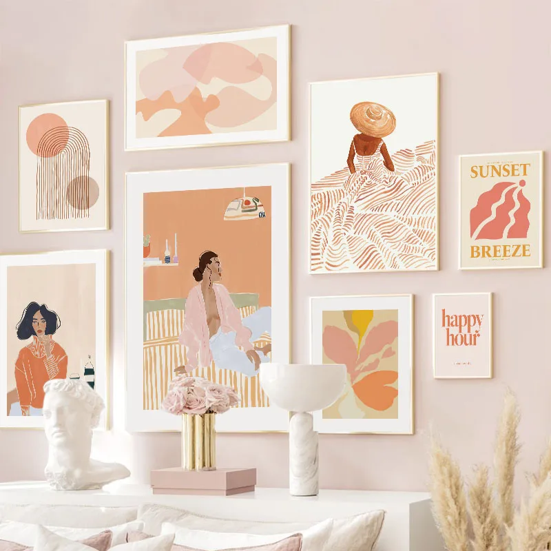 Bohemian Orange Girl Poster Scandinavian Warm Tone Abstract Floral Geometric Elegant Lady Canvas Print Home Living Room Decor