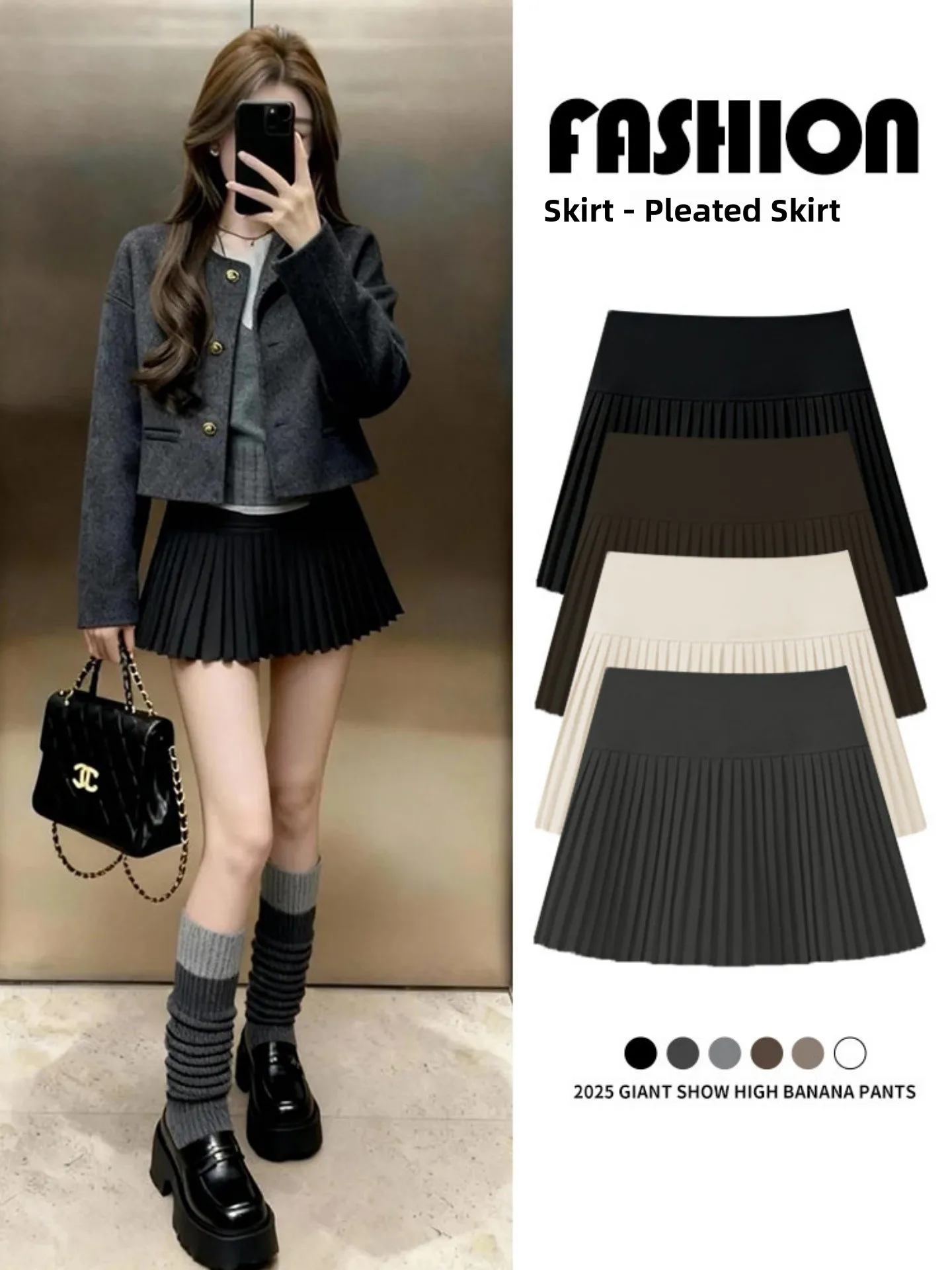 Black Woolen Accordion Pleated  Skirt Women's High Waist Slim A-Line Half-length Skirt City Commute Casual Daily Wear