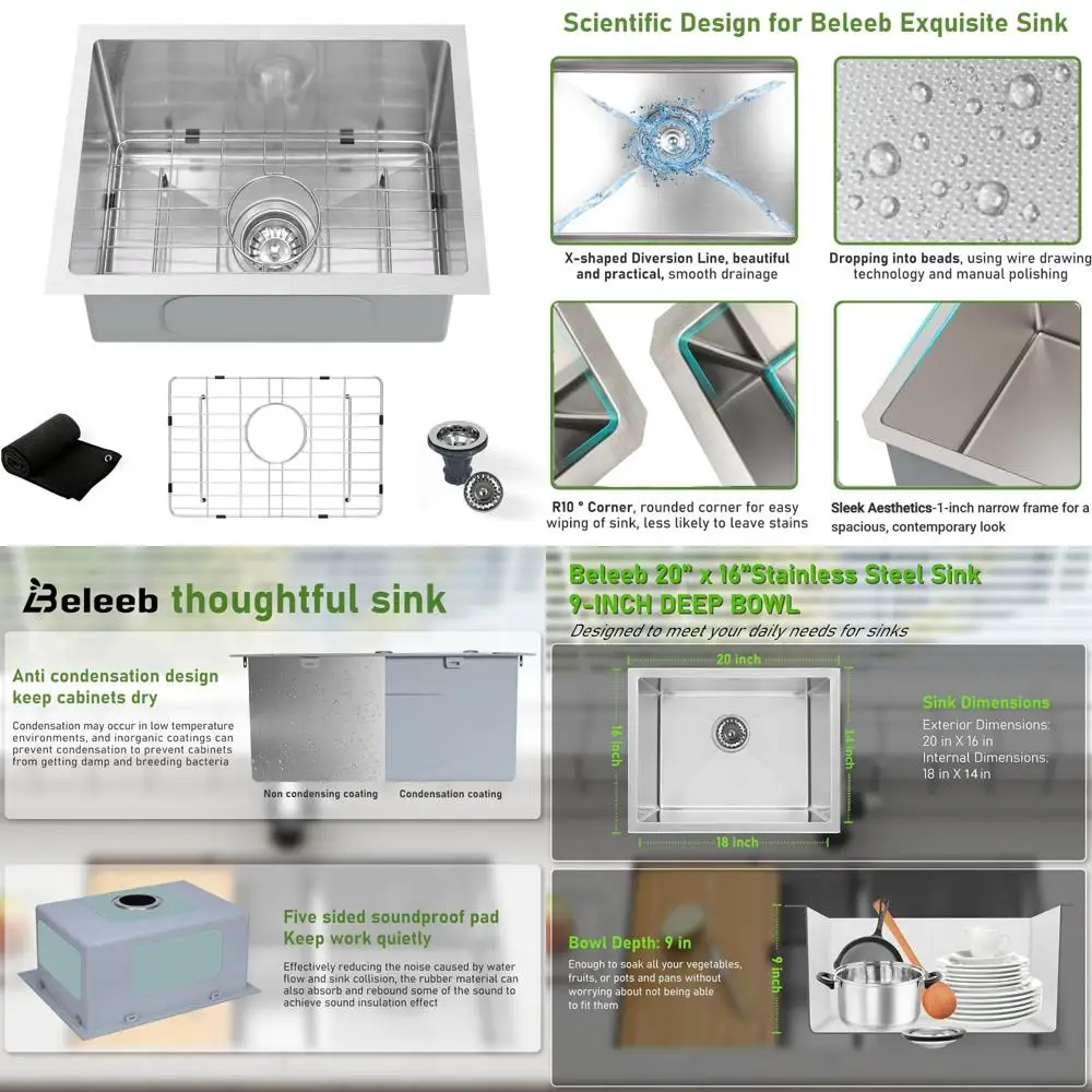 

Stainless Steel Undermount Single Bowl Kitchen Sink 20x16 with 9 Basin Depth and Essential Accessories