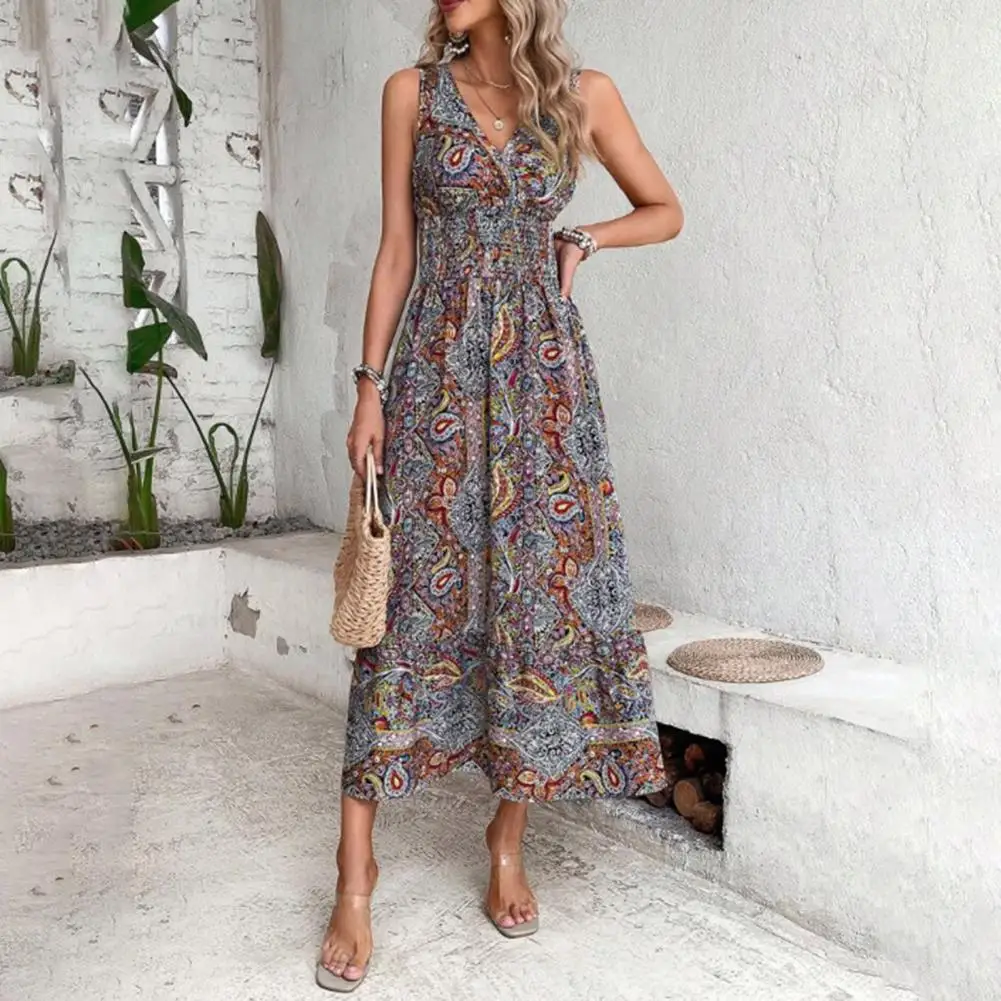 

Elegant Summer Dress Bohemian V Neck Midi Dress with Colorful Print Elastic Waist for Women Summer Holiday Beach Vacation Outfit