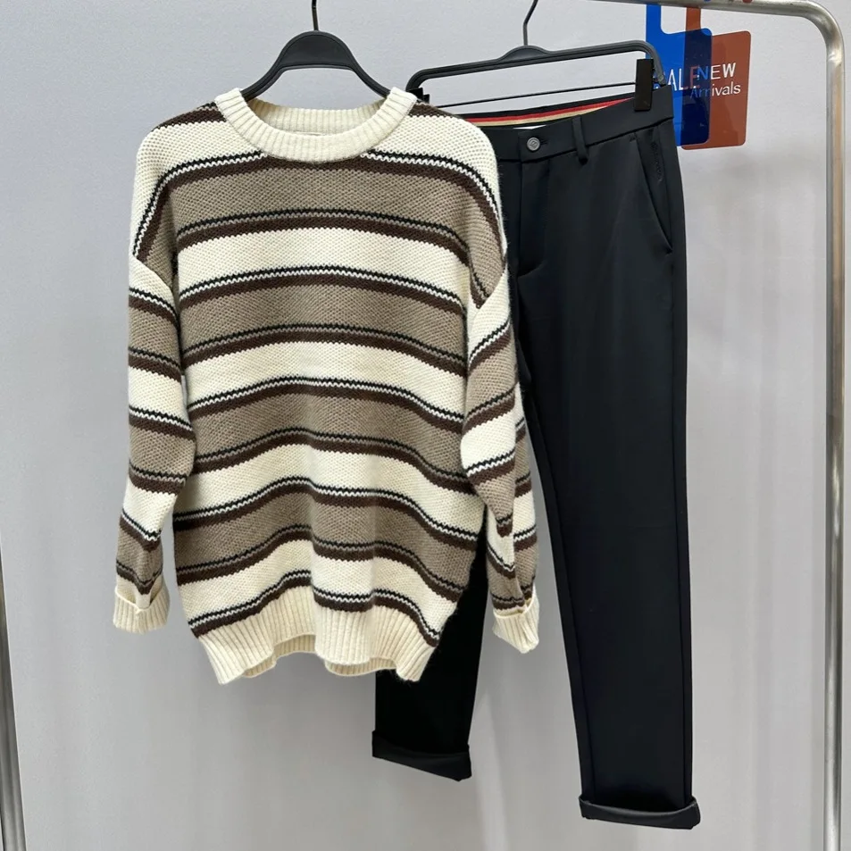 

Модный вязаный свитер с круглым вырезом и полосатым узором, повседневная осенне-зимняя мужская одежда, молодежный стиль, длинный рукав, городская мода