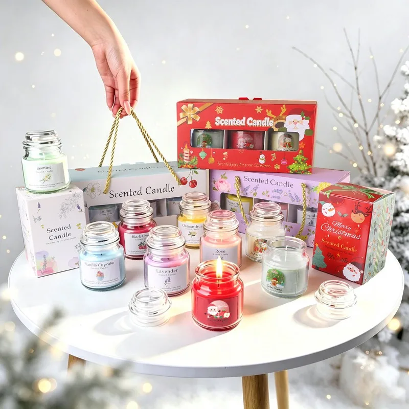 Christmas Scented Candle Set of 3 Jars Rose Osmanthus Lavender Cedar Fragrance 30H Burn Time Aromatherapy Jar Candle Xmas Gift