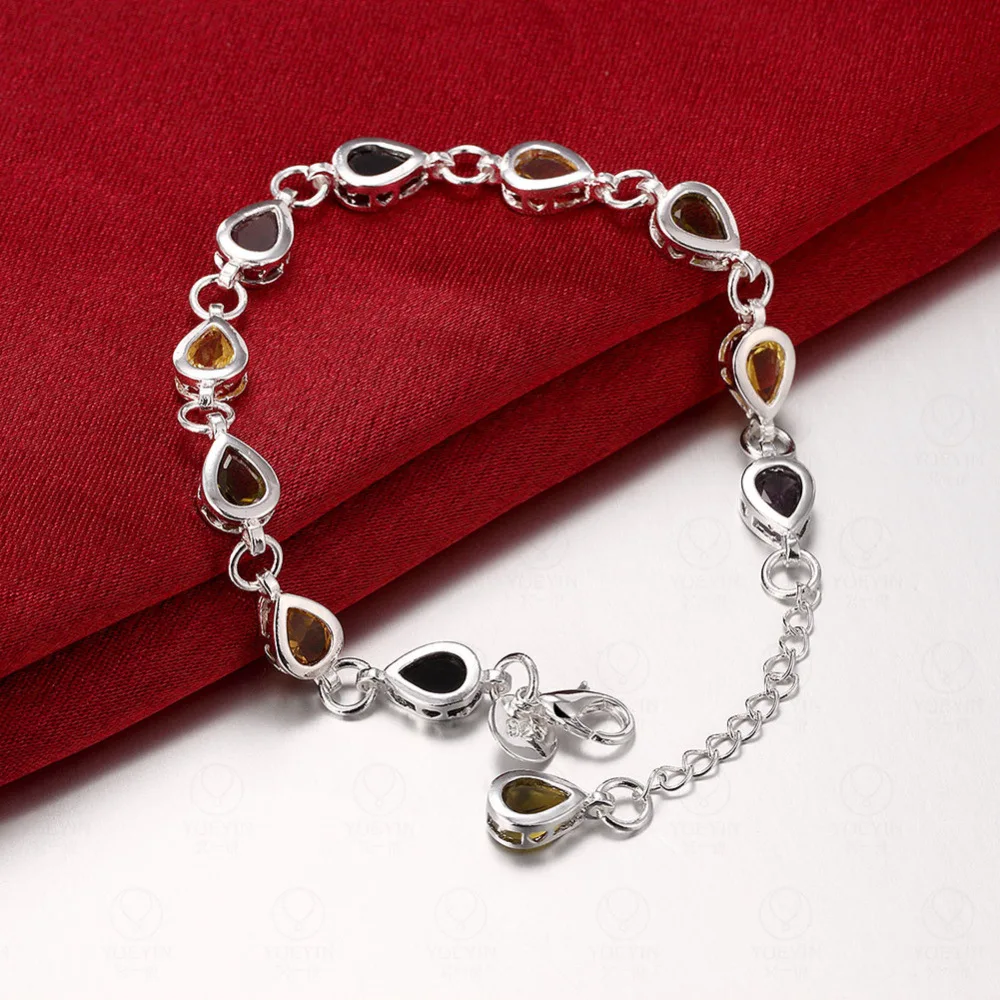 925 Sterling Silver Multicolour Zircons Chain Water Drop Rainbow Bracelet For Woman Fashion Charm Wedding Jewelry - view 2