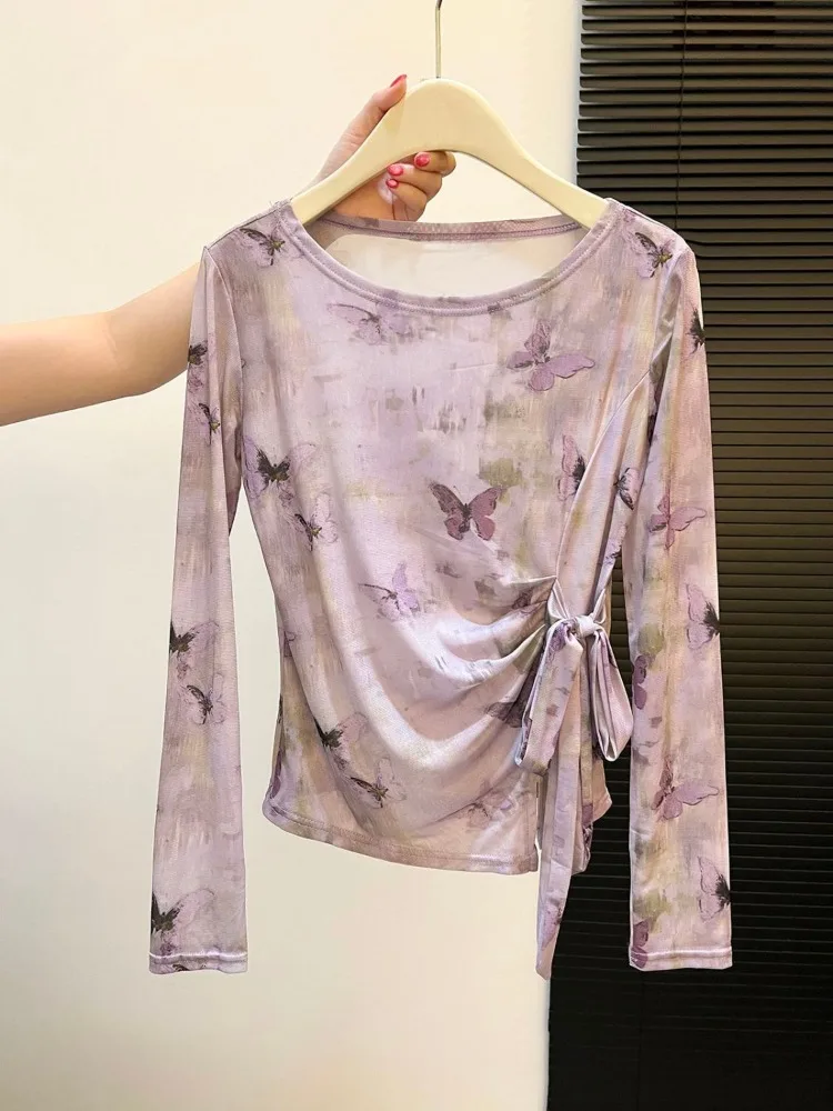 

Butterfly Print Long Sleeves Tulle Tosp Irregular T-shirt Tie-front Women's Slim Shirt Y2k Clothes Tshirt Graphic T Shirts