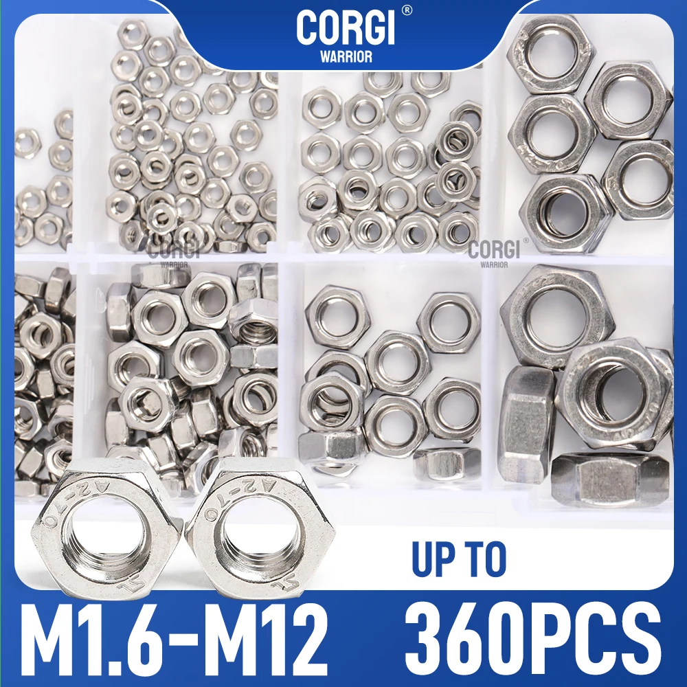 10 Sizes 180-360 304 Pieces Stainless Steel Hex Nuts Assortment Kit M1.6 M2 M2.5 M3 M4 M5 M6 M8 M10 M12 Metric Hardware Nuts Set