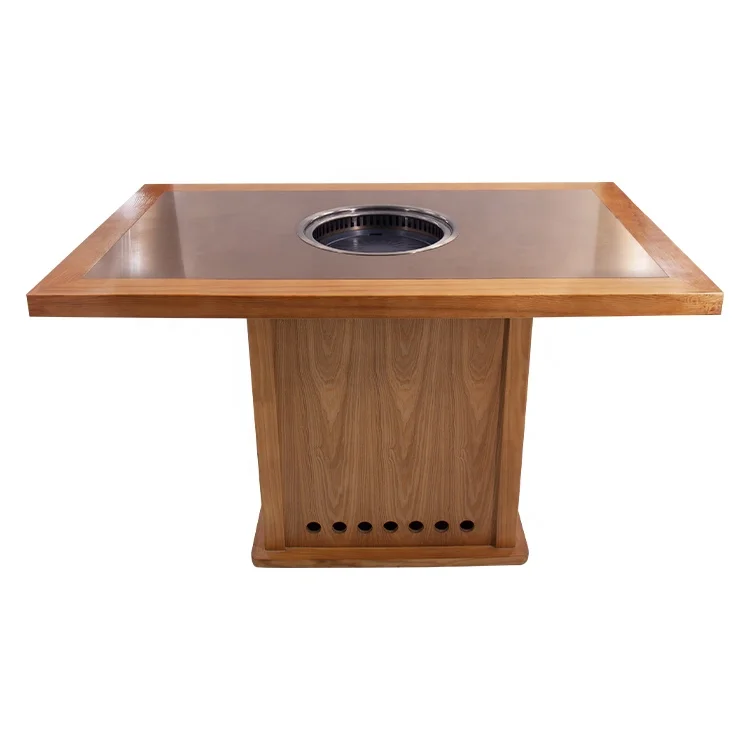 Modern Buffet Furniture Korean BBQ Grill Wooden Dining Hot Pot Table Electric Built in Stainless Steel for Restaurant Tables