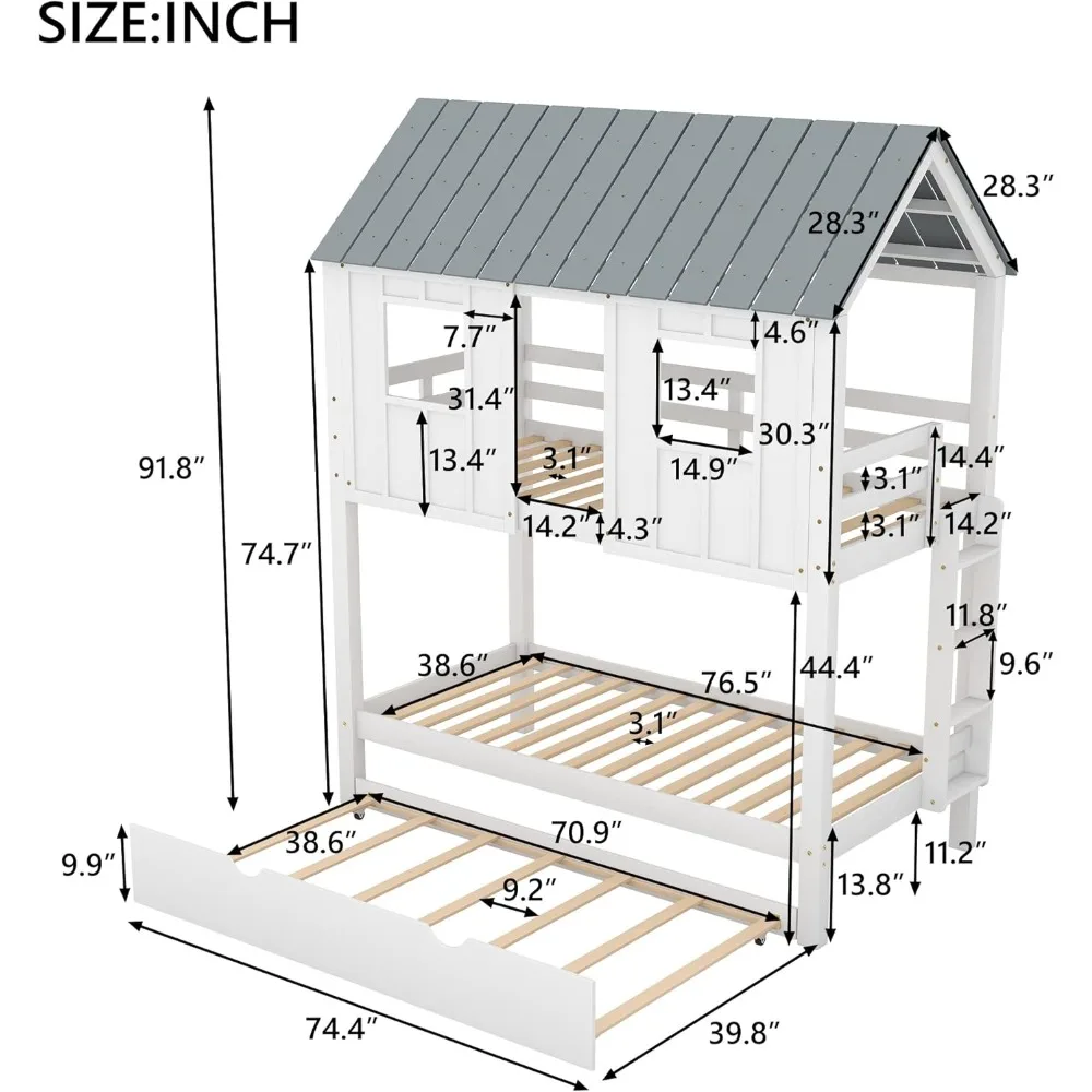 سرير منزلي بطابقين مع دولاب، سرير خشبي بطابقين مع سقف وقضيب حماية للمراهقين والأولاد والبنات والأسرة، لا حاجة إلى صندوق زنبركي #2
